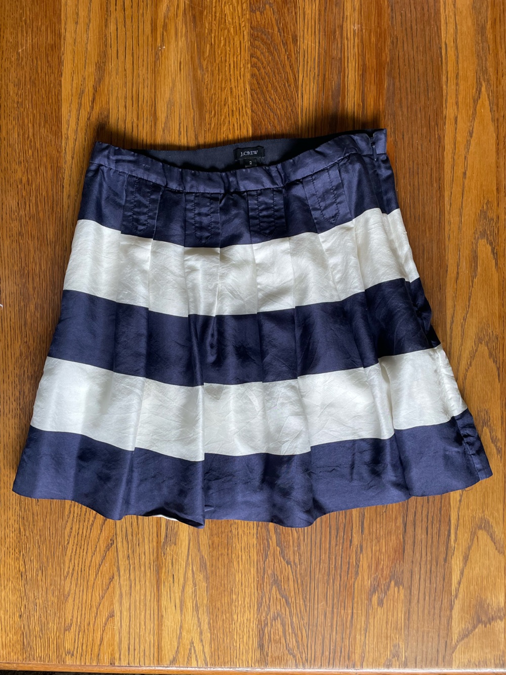 J. Crew Navy and White 100% Silk Striped Pleated Skirt